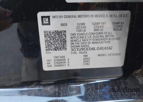 2020 GMC Sierra 4Wd Short Box Elevation из США, поврежденный, VIN 3GTU9CED6LG414162